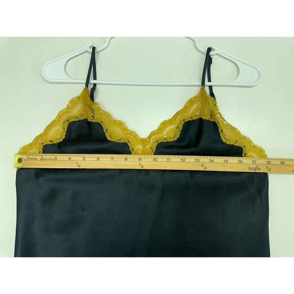 Edgemont Womens Nightgown Size Medium Black Silky Yellow Lace Trim Sleepwear VTG - Picture 6 of 8